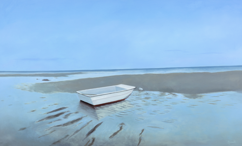 A serene seascape painting titled Low Tide by Matthew Jay Russell, measuring 36 x 60 inches. The composition features a small white rowboat resting on wet sand during low tide, with soft ripples of water reflecting the pale blue sky.